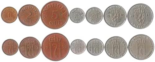 7 מטבעות מנורווגיה | אוסף סט מטבעות נורווגי 1 2 5 10 25 50 עפרות 1 קרונה | הופץ 1951-1957 |